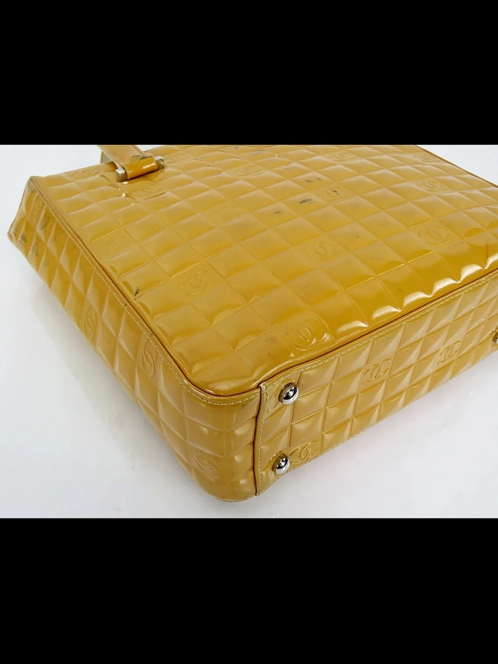 CHANEL Mustard Yellow Patent Quilted Tote Bag
